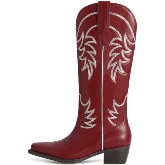 ⚡Women's Red Knee High Chunky Heel Pointed Toe Wide Calf Pull On Embroidered - Picture 2 of 5